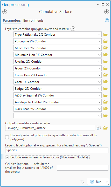 The Cumulative Surface geoprocessing pane: twelve corridor layers to combine, output raster Linkage_Cumulative_Surface, the selected-polygons option, legend label Species, Exclude areas where no layers occur checked, and an optional cell size