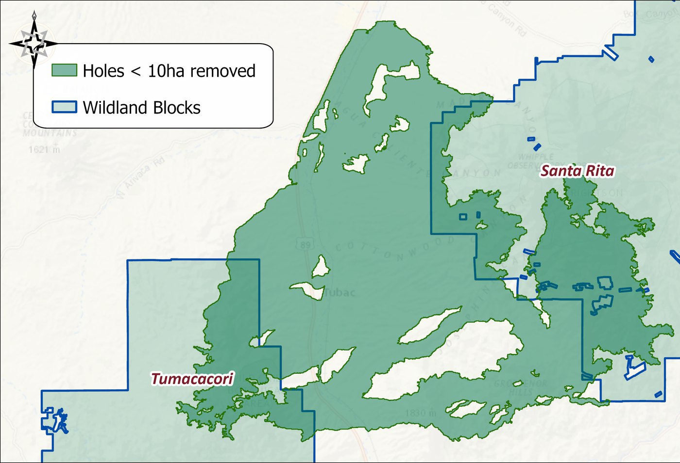 The linkage design after filling, in green: the small holes are gone and only openings larger than 10 hectares remain