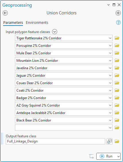 The Union Corridors geoprocessing pane with twelve species' 2 percent corridor layers listed as inputs and Full_Linkage_Design as the output feature class