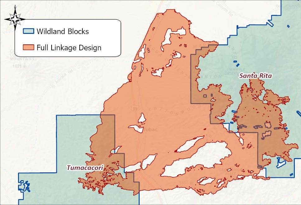 The Full Linkage Design polygon in orange between the two wildland blocks, with holes where no species' corridor fell