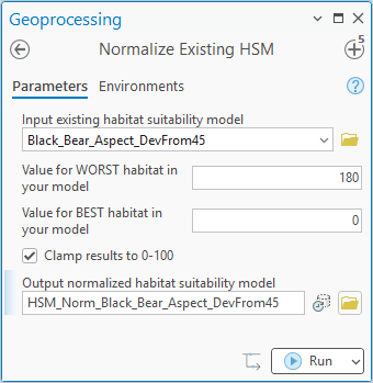 The Normalize Existing HSM geoprocessing pane: the input existing habitat suitability model Black_Bear_Aspect_DevFrom45, the value for worst habitat 180, the value for best habitat 0, Clamp results to 0-100 checked, and the output named HSM_Norm_Black_Bear_Aspect_DevFrom45