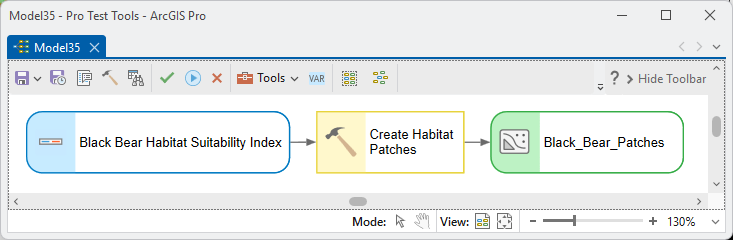 A ModelBuilder diagram: Black Bear Habitat Suitability Index feeding Create Habitat Patches, producing the Black_Bear_Patches polygon feature class