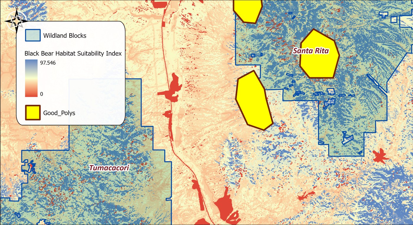The black bear habitat suitability index over the two wildland blocks in a red-to-blue ramp from 0 to 97.5, with three yellow polygons labeled Good_Polys drawn in and around the Santa Rita block, each covering a patchwork of high and low suitability cells