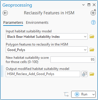The Reclassify Features in HSM geoprocessing pane: input habitat suitability model Black Bear Habitat Suitability Index, polygon features to reclassify Good_Polys, new habitat suitability score 95, and the output modified habitat suitability model named HSM_Reclass_Add_Good_Polys