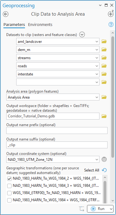The Clip Data to Analysis Area geoprocessing pane: five datasets listed to clip (land cover, DEM, streams, roads, interstate), the Analysis Area polygon, an output geodatabase, a _clip suffix, NAD 1983 UTM Zone 12N as the output coordinate system, and a list of suggested geographic transformations with the first one checked