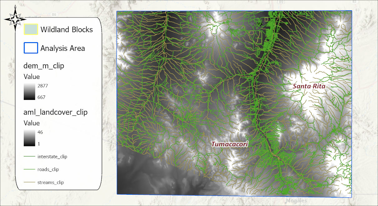 The clipped datasets drawn over the analysis area: the elevation raster in gray tones with the land cover raster beneath it, and the clipped streams, roads and interstate lines, all ending exactly at the blue analysis area rectangle