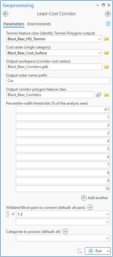 The Least-Cost Corridor geoprocessing pane: the black bear termini feature class, the Black_Bear_Cost_Surface raster, an output workspace Black_Bear_Corridors.gdb, prefix Cor, output feature class Black_Bear_Corridors, the eleven default percentile thresholds from 0.1 to 10, the Wildland Block pair 1-2 selected, and an empty categories list