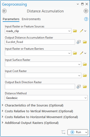 The Distance Accumulation geoprocessing pane: roads_clip as the input source, Eucdist_Road as the output distance raster, Geodesic distance method, all other parameters empty