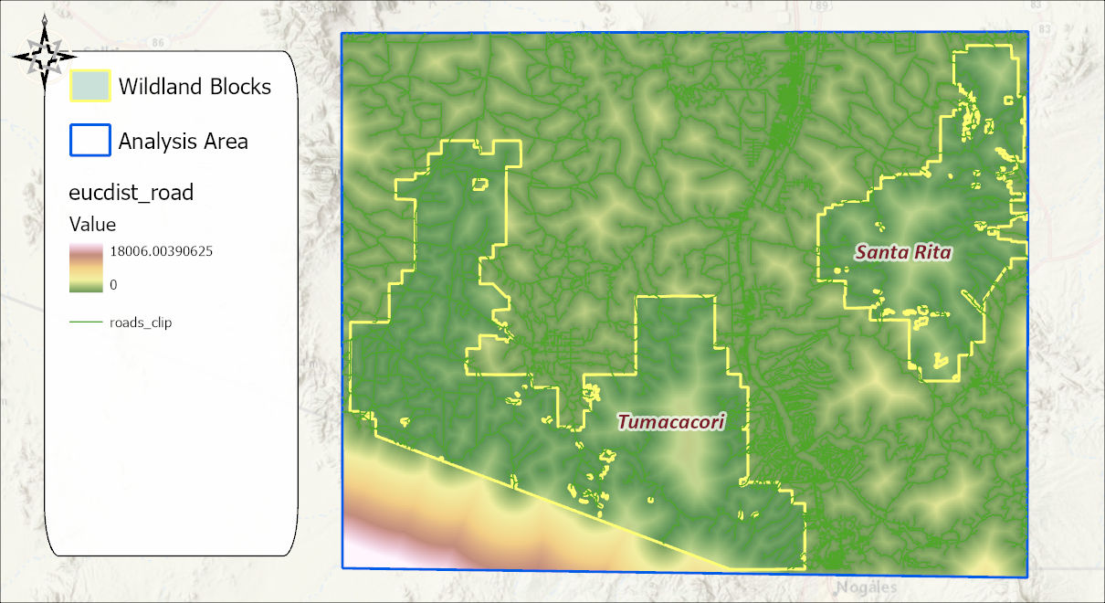 The distance-from-roads raster over the analysis area, green near roads grading through yellow to pink far from any road, with the roads drawn on top and the wildland blocks outlined in yellow