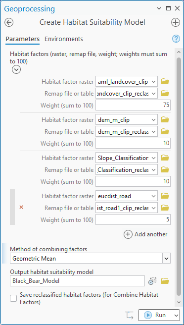 The Create Habitat Suitability Model geoprocessing pane: four habitat factor rows, each with a raster, its remap table and a weight of 75, 10, 10 and 5; Geometric Mean as the method of combining factors; output named Black_Bear_Model