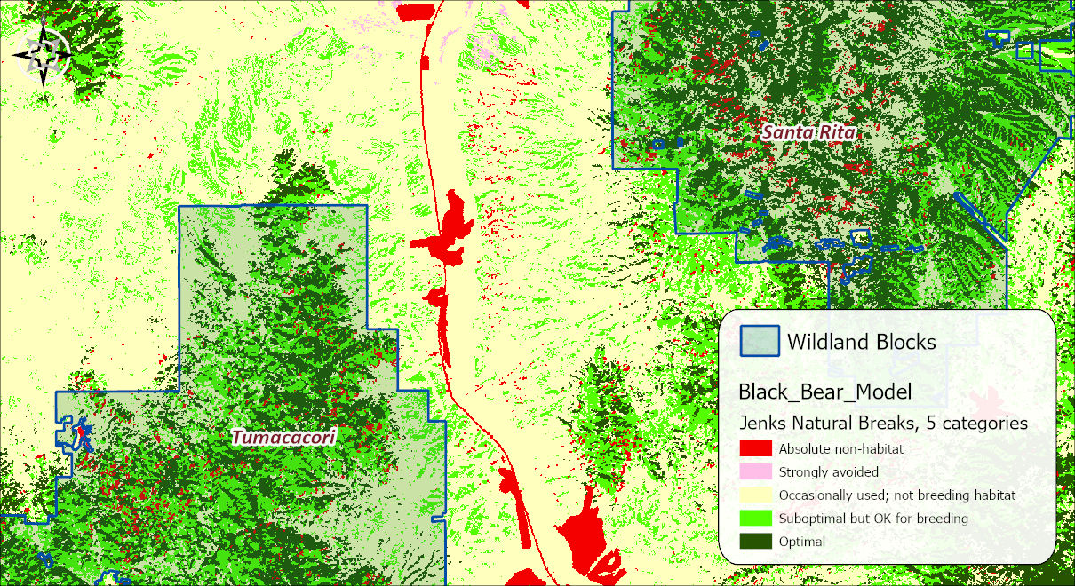 The black bear habitat suitability model over the analysis area in five classes: absolute non-habitat in red along the interstate and Nogales, strongly avoided in pink, occasionally used in pale yellow across the valley, suboptimal in bright green, and optimal in dark green over the wooded uplands of both wildland blocks
