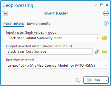The Invert Raster geoprocessing pane: the black bear habitat suitability model as input, output named Black_Bear_Cost_Surface, and the inversion method Linear: 100 - x (ArcMap CorridorModel, for 0-100 HSMs)