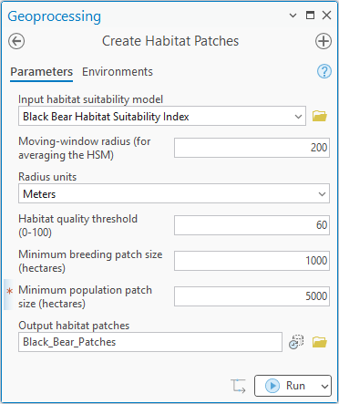 The Create Habitat Patches geoprocessing pane: the black bear habitat suitability model as input, a 200-meter moving-window radius, a habitat quality threshold of 60, minimum breeding patch size 1000 hectares, minimum population patch size 5000 hectares