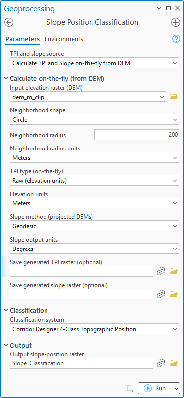 The Slope Position Classification geoprocessing pane: TPI and slope calculated on the fly from the clipped DEM, a circular neighborhood with a 200-meter radius, raw TPI in meters, geodesic slope in degrees, the Corridor Designer 4-Class Topographic Position classification system, and an output raster named Slope_Classification