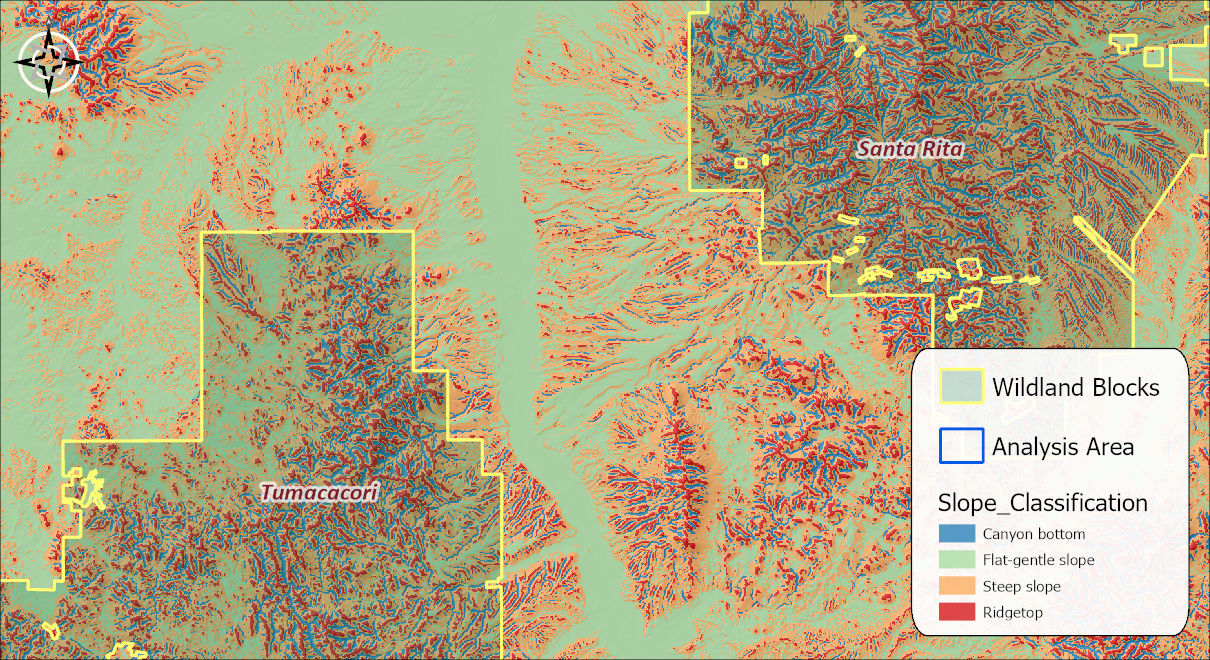The slope-position raster over the study area: canyon bottoms in blue, flat-gentle slopes in pale green, steep slopes in orange and ridgetops in red, with the Tumacacori and Santa Rita wildland blocks outlined in yellow