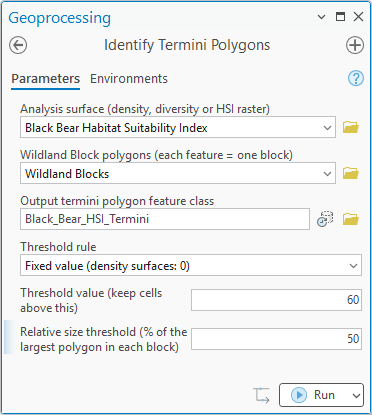 The Identify Termini Polygons geoprocessing pane: the black bear habitat suitability model as the analysis surface, the Wildland Blocks polygons, an output named Black_Bear_HSI_Termini, the Fixed value threshold rule, a threshold value of 60, and a relative size threshold of 50 percent