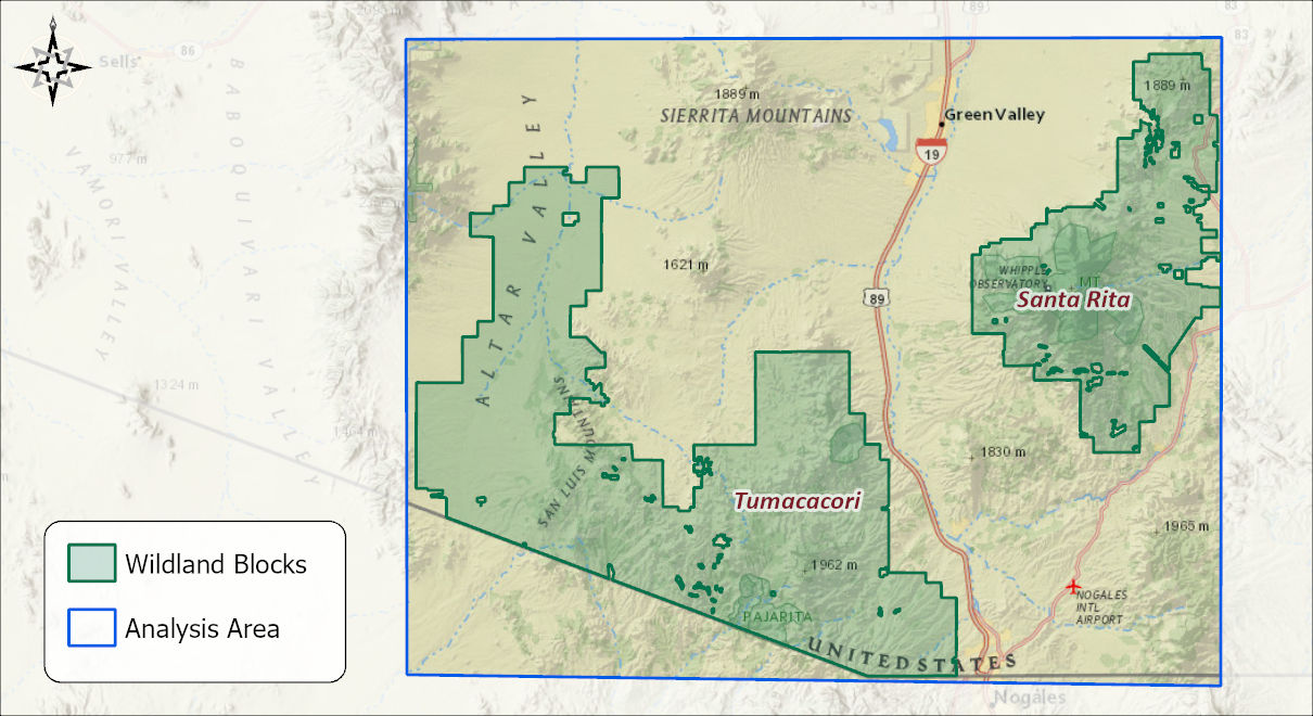 Map of the study area south of Green Valley, Arizona: the Tumacacori and Santa Rita wildland blocks in green, the analysis area as a blue rectangle enclosing both, with Interstate 19 and Highway 89 running between the blocks