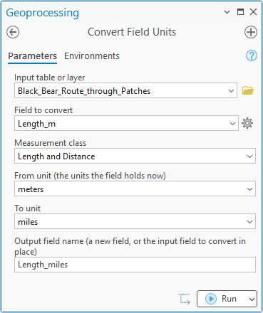 The Convert Field Units tool in the Geoprocessing pane: Input table or layer Black_Bear_Route_through_Patches, Field to convert Length_m, Measurement class Length and Distance, From unit meters, To unit miles, Output field name Length_miles, and the Run button