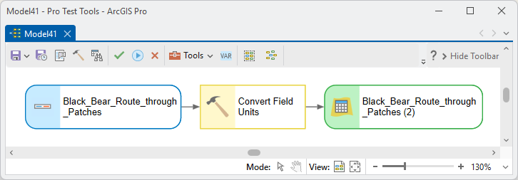 A ModelBuilder model of three elements: the blue input Black_Bear_Route_through_Patches, the yellow tool Convert Field Units, and the green output Black_Bear_Route_through_Patches (2)