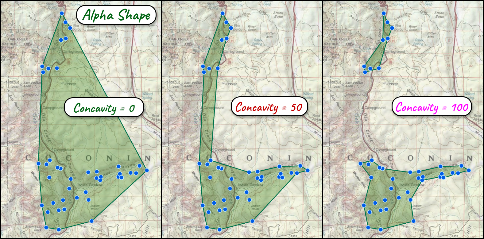 Three maps of the same locations under the alpha shape at Concavity 0, 50 and 100: the convex hull, then a canyon-hugging single polygon, then the hull broken into separate polygons, one for the upper canyon points and one for the lower