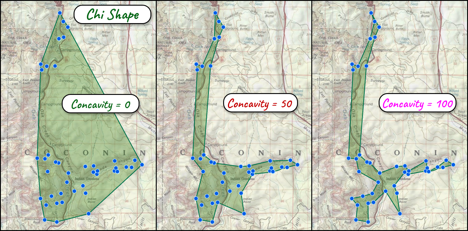 Three maps of the two-individual locations under the chi shape at Concavity 0, 50 and 100: the convex hull, then a canyon-hugging polygon whose two halves are joined by a thin corridor along the creek, then a very tight spiky outline that is still a single polygon