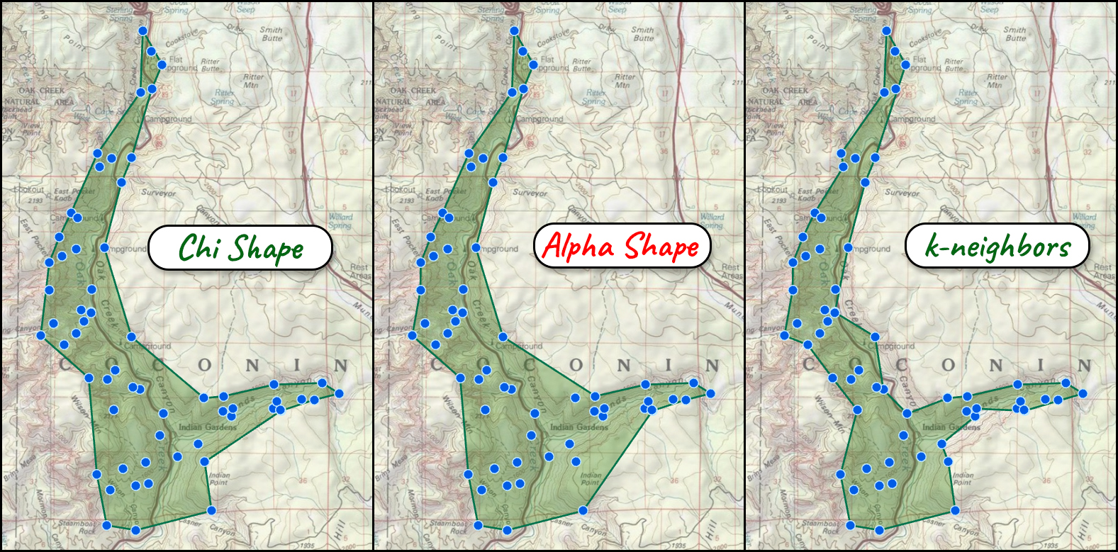 Three topographic maps of Oak Creek Canyon, each outlining the same dense set of animal locations: the chi shape, alpha shape, and k-neighbours hull, all three following the canyon closely with slightly different boundaries