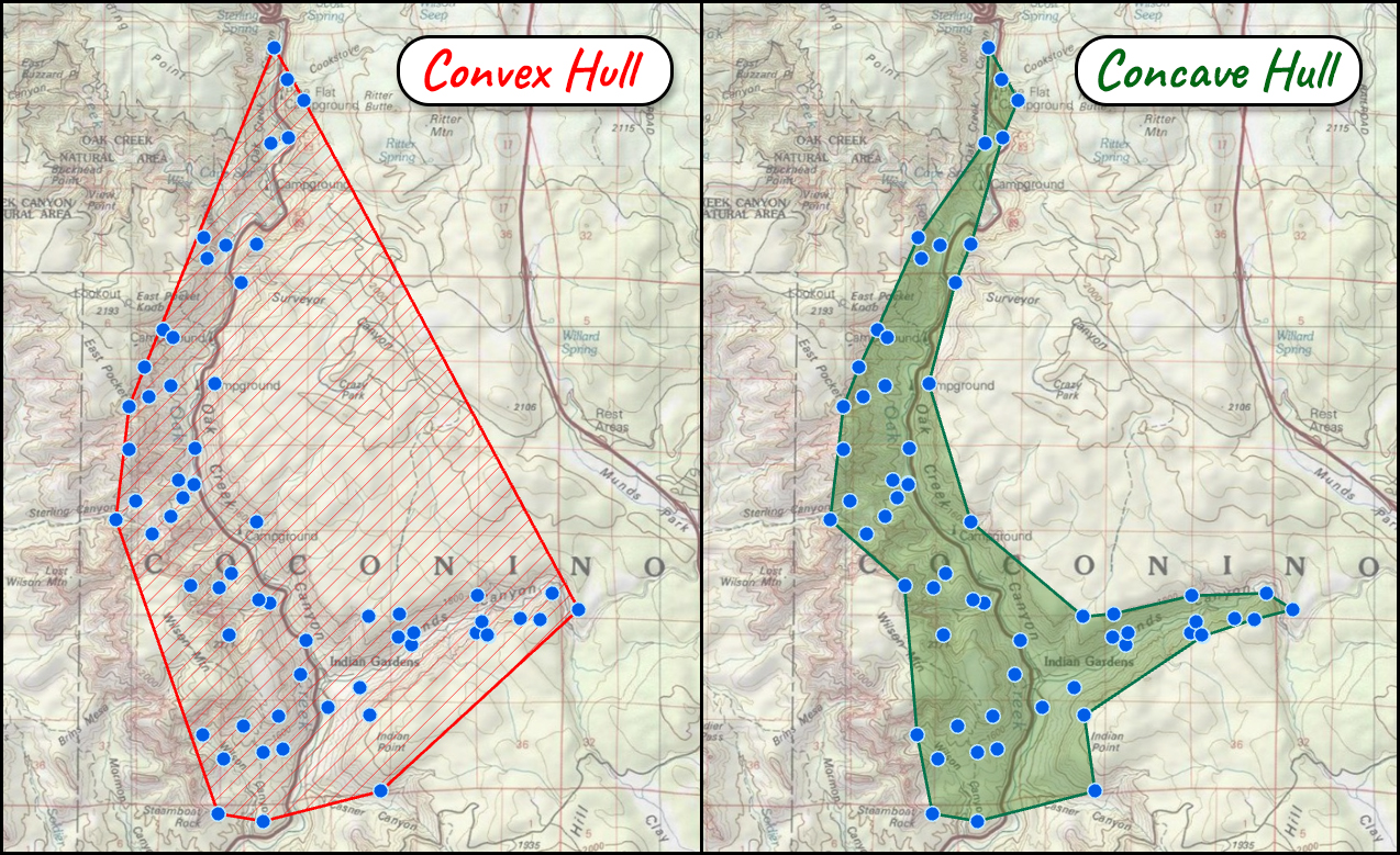 Two topographic maps of Oak Creek Canyon side by side, each with the same blue animal locations along the canyon. On the left, a red hatched convex hull bridges from the canyon across the plateau east of the rim, enclosing large areas with no locations at all. On the right, a green concave hull follows the canyon and its eastern side-canyon closely, keeping the plateau out