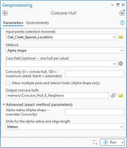 The Concave Hull geoprocessing pane with the Oak Creek species locations as input, Alpha shape as the method, Concavity left blank for automatic, the parts checkbox unchecked, and the Advanced section expanded to show the alpha radius and its units dropdown