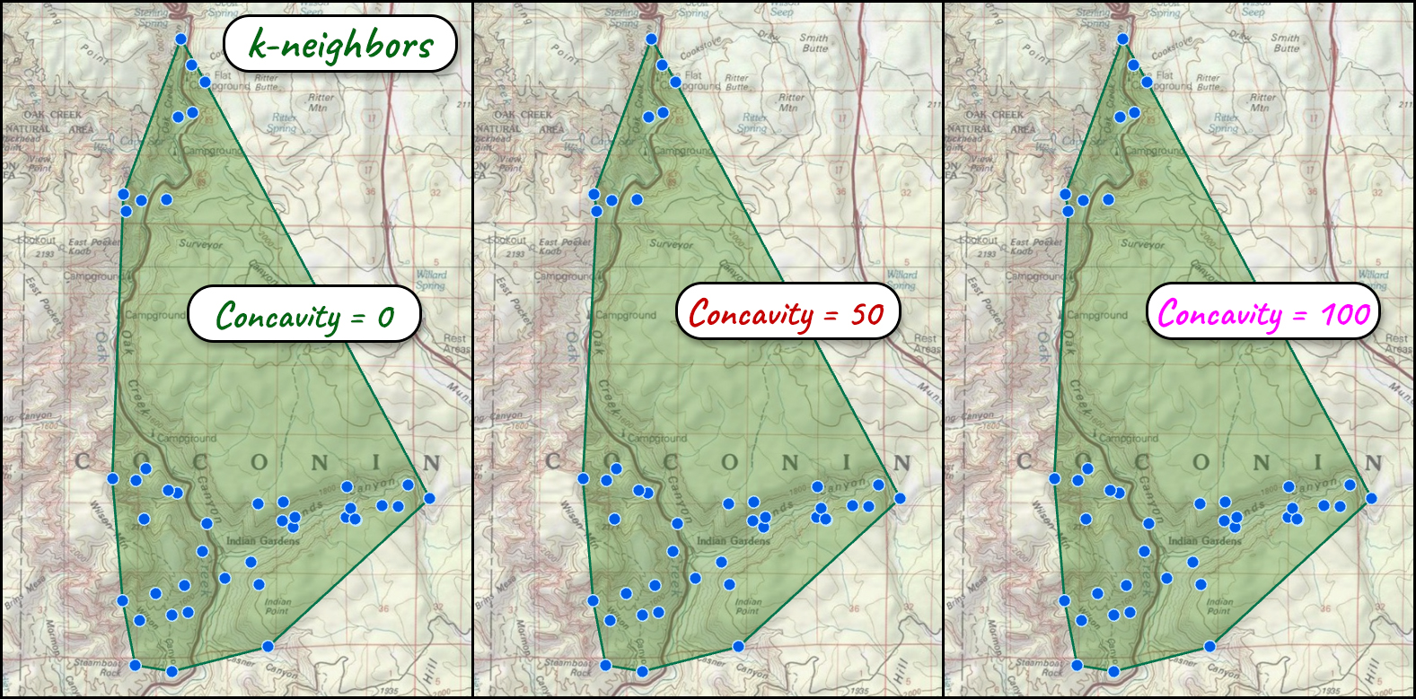 Three maps of the same locations under the k-neighbours hull at Concavity 0, 50 and 100, all three showing a nearly identical near-convex polygon