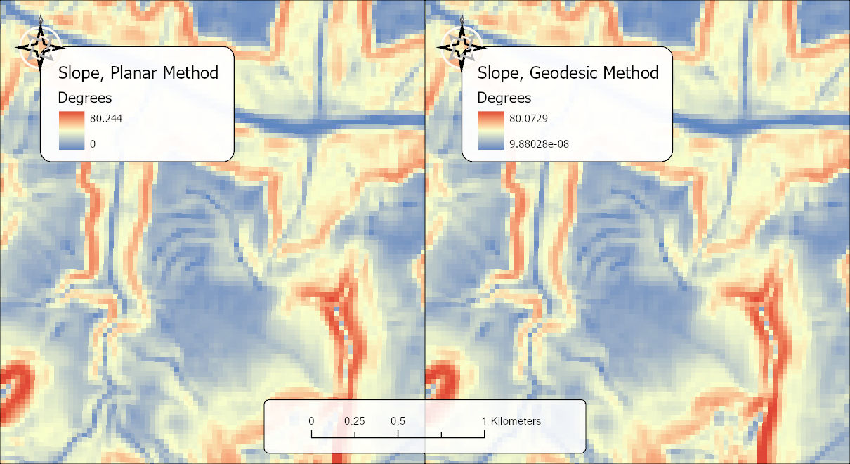 Two maps of the same stretch of the Grand Canyon side by side, each a slope raster in the same blue-to-red color ramp with a legend: Slope, Planar Method, 0 to 80.244 degrees on the left and Slope, Geodesic Method, 0 to 80.0729 degrees on the right; the two pictures are indistinguishable, with the same red cliff bands and blue canyon floors.