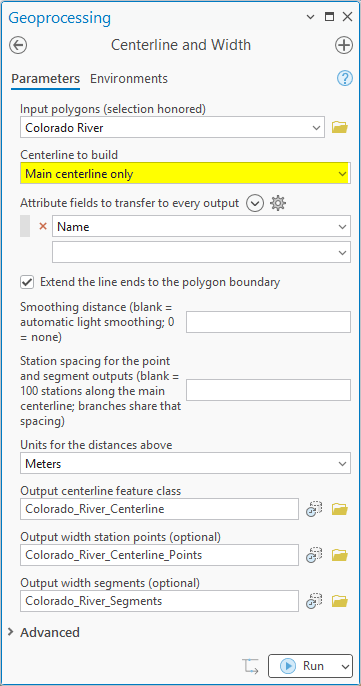 The Centerline and Width geoprocessing pane filled for the Colorado River run: Main centerline only mode highlighted, the Name field chosen for transfer, Extend the line ends checked, smoothing and station spacing left blank for their automatic defaults, and all three outputs named