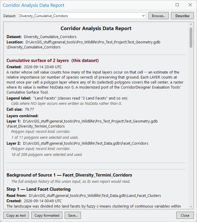 The Corridor Analysis Data Report window: a Dataset drop-down set to Diversity_Cumulative_Corridors with Browse and Describe buttons, and the report beneath, beginning with the dataset and its location, a section headed Cumulative surface of 2 layers (this dataset) with its creation time, description, legend label, cell size and the two layers combined, then the heading Background of Source 1 with Step 1 Land Facet Clustering; buttons Copy as text, Copy formatted, Save and Close along the bottom