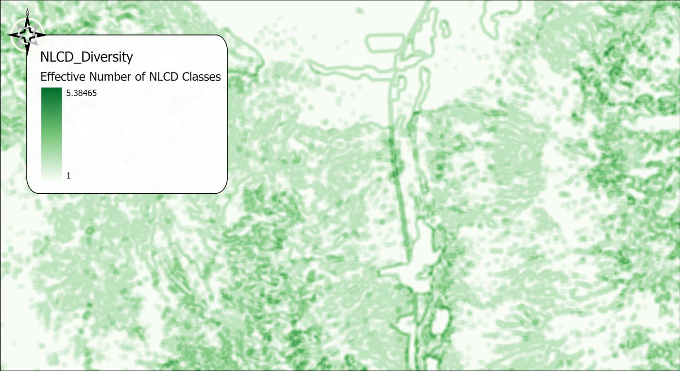 The output raster NLCD_Diversity in a white-to-green ramp from 1 to 5.38, labeled Effective Number of NLCD Classes: near white over the uniform scrub of the valley, darker green along every boundary between NLCD classes and in the hills where forest, scrub and grassland interleave, with the interstate and its developed strip traced by a green outline