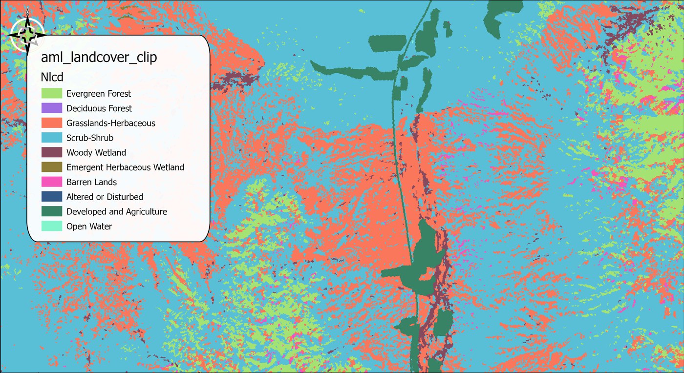 The tutorial land cover raster aml_landcover_clip symbolized by its Nlcd attribute field: scrub-shrub in blue over most of the area, grasslands in orange through the middle, evergreen forest in green on the hills, developed and agricultural land in dark green along the interstate, with woody wetland, barren lands and the other NLCD classes in small patches