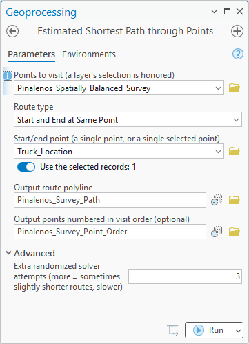 The Estimated Shortest Path through Points geoprocessing pane: points to visit set to the Pinalenos spatially balanced survey, route type Start and End at Same Point, the start/end point supplied by a Truck_Location layer with one selected record, output route and visit-order point outputs named, and the Advanced section showing three extra randomized solver attempts