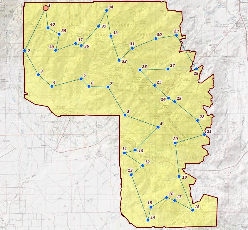 The mountain-range boundary with forty survey sites numbered 1 through 40 in visit order, connected by a single blue route that leaves a salmon-colored truck location near site 1 at the top left, sweeps through the western, southern and eastern portions of the block in numbered sequence, and returns