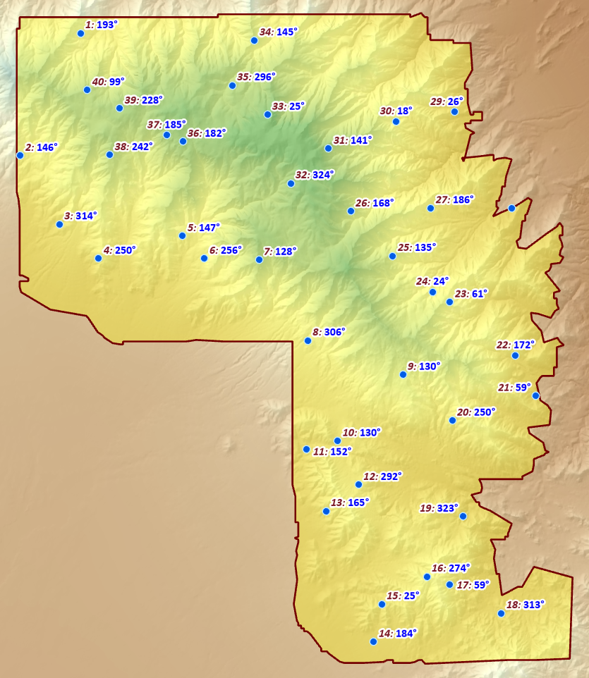 The same forty survey points, each labeled with its number in dark red and its extracted aspect in blue, such as 1: 193 degrees, 33: 25 degrees and 40: 99 degrees