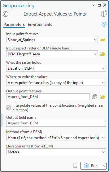The Extract Aspect Values to Points pane with DEM_Flagstaff_Area as the raster and What the raster holds set to Elevation (DEM): Input point features Slope_at_Springs, Where to write the values A new point feature class (a copy of the input), Output point features Aspect_from_DEM, Interpolate values checked, Output field name Aspect_from_DEM, Method Horn (3 x 3; the method of Esri's Slope and Aspect tools), Elevation units Meters.