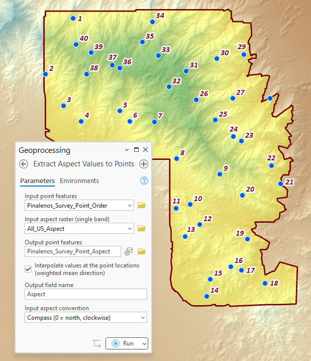 Forty numbered survey points scattered across a mountain range outlined in dark red, over a shaded elevation map, with the Extract Aspect Values to Points pane open: input point features Pinalenos_Survey_Point_Order, input aspect raster All_US_Aspect, output point features Pinalenos_Survey_Point_Aspect, Interpolate checked, output field name Aspect, input aspect convention Compass (0 = north, clockwise)