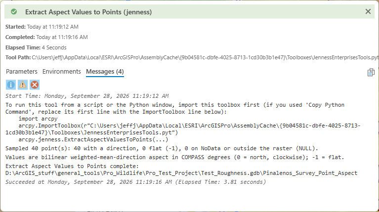 The Extract Aspect Values to Points run report, Messages tab: the ImportToolbox scripting hint; Sampled 40 points: 40 with a direction, 0 flat (-1), 0 on NoData or outside the raster (NULL); values are bilinear weighted-mean-direction aspect in compass degrees (0 = north, clockwise), -1 = flat; Extract Aspect Values to Points complete; elapsed time 3.81 seconds