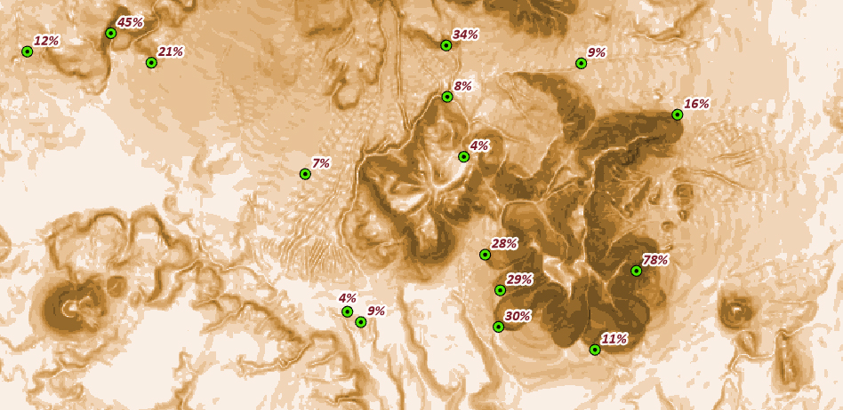 Seventeen springs on the percent-slope raster of the Flagstaff area, each labeled with its slope in percent: 4%, 7% and 9% on the gentler ground, 28%, 29%, 30% and 45% on the slopes, and 78% on the steepest mountainside