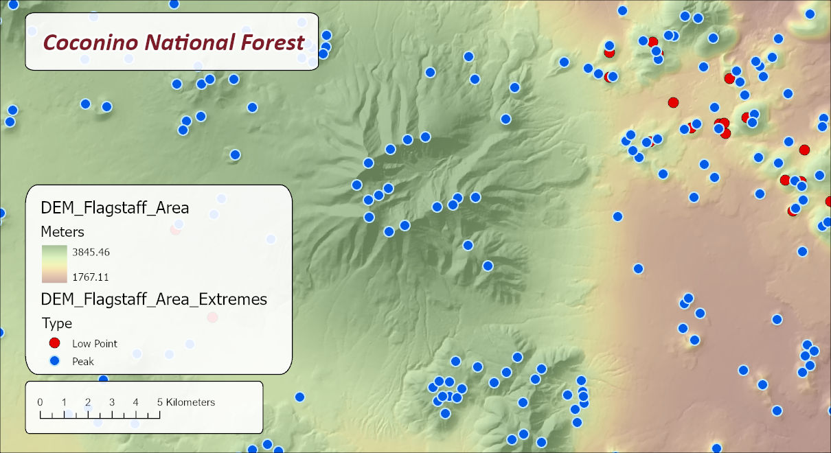 The Flagstaff-area DEM, green high ground of the San Francisco Peaks in the center grading to tan lowlands on the east, over a hillshade, with blue peak points on ridges and cinder cones and red low points almost all on the eastern plain; a 5 kilometer scale bar and a Coconino National Forest title