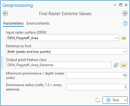The Find Raster Extreme Values geoprocessing pane: input DEM_Flagstaff_Area, Extremes to find set to Both (peaks and low points), output DEM_Flagstaff_Area_Extremes, minimum prominence / depth 10 raster units, dominance radius 3 cells