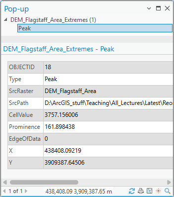 A pop-up for one point of DEM_Flagstaff_Area_Extremes: OBJECTID 18, Type Peak, SrcRaster DEM_Flagstaff_Area, SrcPath (the DEM's folder path, cut off at the edge of the pop-up), CellValue 3757.156006, Prominence 161.898438, EdgeOfData 0, X 438408.09219, Y 3909387.64506
