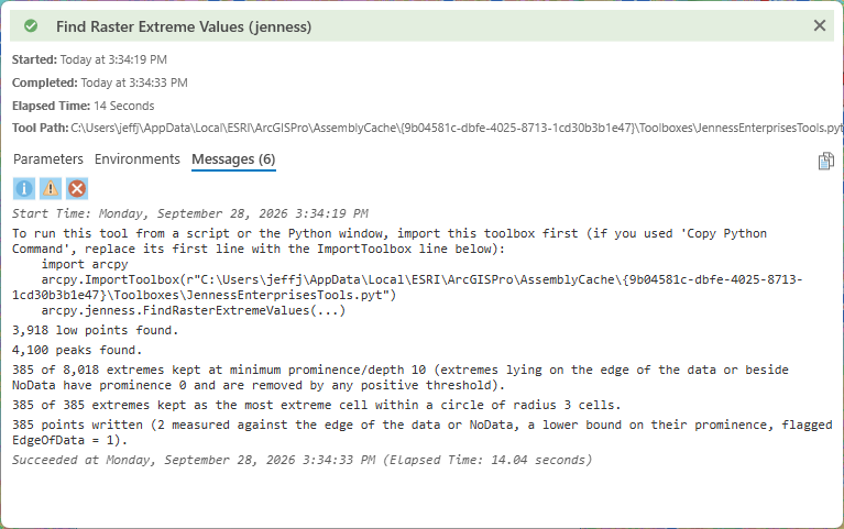 The Find Raster Extreme Values run report, Messages tab: the ImportToolbox scripting hint, then 3,918 low points found; 4,100 peaks found; 385 of 8,018 extremes kept at minimum prominence/depth 10 (extremes lying on the edge of the data or beside NoData have prominence 0 and are removed by any positive threshold); 385 of 385 extremes kept as the most extreme cell within a circle of radius 3 cells; 385 points written. Elapsed time 14 seconds