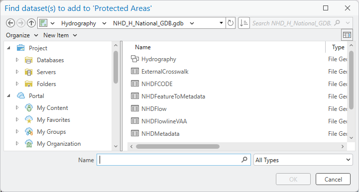 An ArcGIS Pro browse dialog titled Find dataset(s) to add to 'Protected Areas'. The left pane lists the project's Databases, Servers and Folders and the portal's My Content, My Favorites, My Groups and My Organization. The right pane lists the contents of a file geodatabase: a feature dataset and several tables