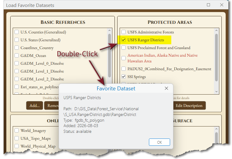 The window with USFS Ranger Districts highlighted in the Protected Areas group and the note Double-Click. A box titled Favorite Dataset gives the description, the path to a feature class in a file geodatabase, Type: fgdb_fc_polygon, Added: 2026-08-03 and Status: available, above an OK button