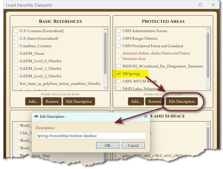 The window with SSI Springs checked in the Protected Areas group and that group's Edit Description button circled. A small box titled Edit Description holds one text box labeled Description, with Springs Stewardship Institute database typed in it, above OK and Cancel buttons