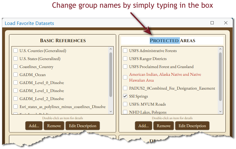 The top half of the window with the name of the Protected Areas group selected for editing, under the note: Change group names by simply typing in the box