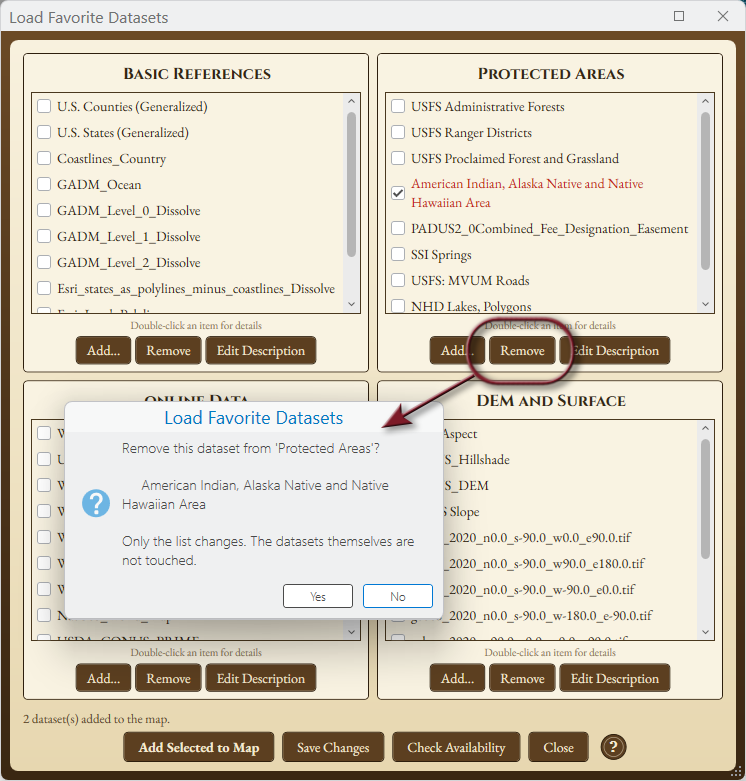 The window with one dataset checked in the Protected Areas group and that group's Remove button circled. A message box asks: Remove this dataset from 'Protected Areas'? It names the dataset, adds that only the list changes and the datasets themselves are not touched, and offers Yes and No buttons